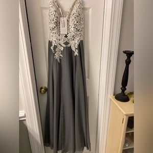 Jj’s house prom/evening/formal dress. Grey with beautiful lace.